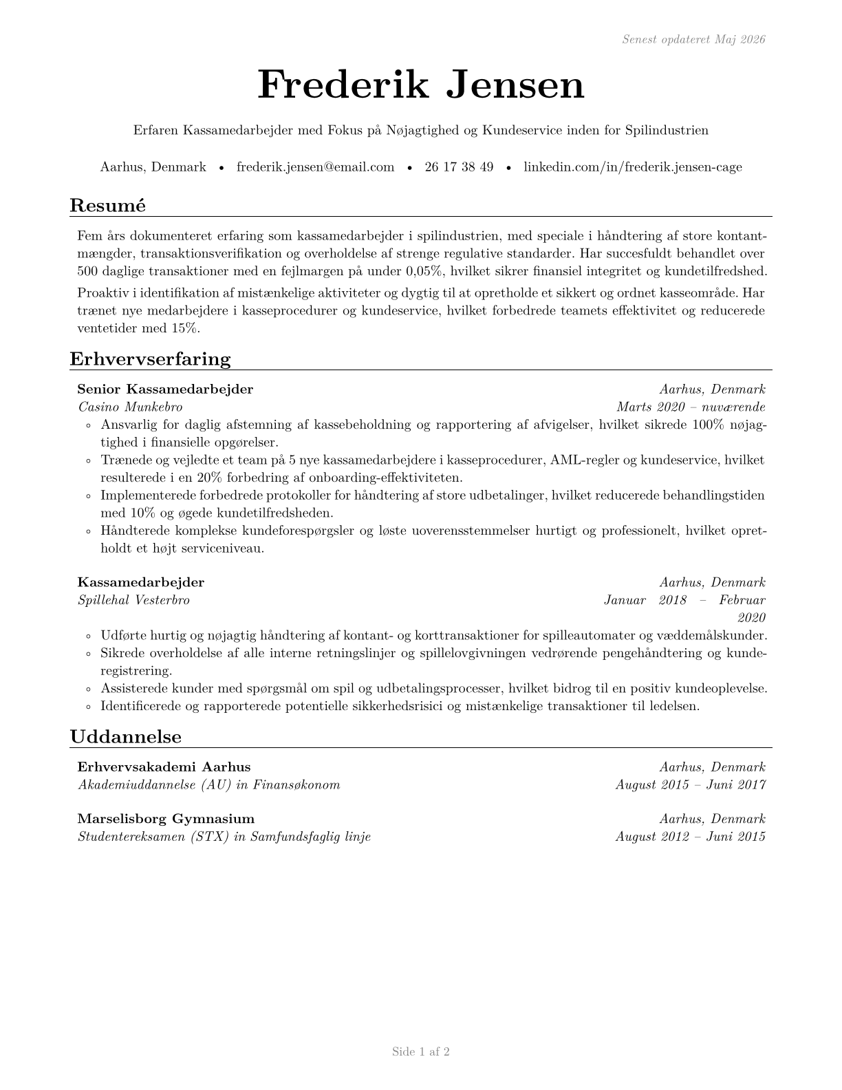 Gambling Cage Workers CV in Danish — page 1