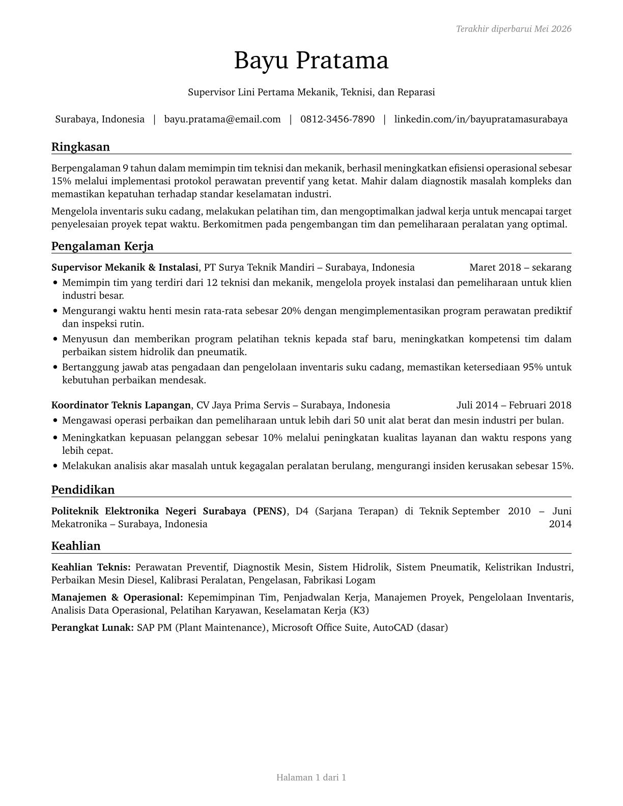 First-Line Supervisors of Mechanics, Installers, and Repairers CV in Indonesian — page 1