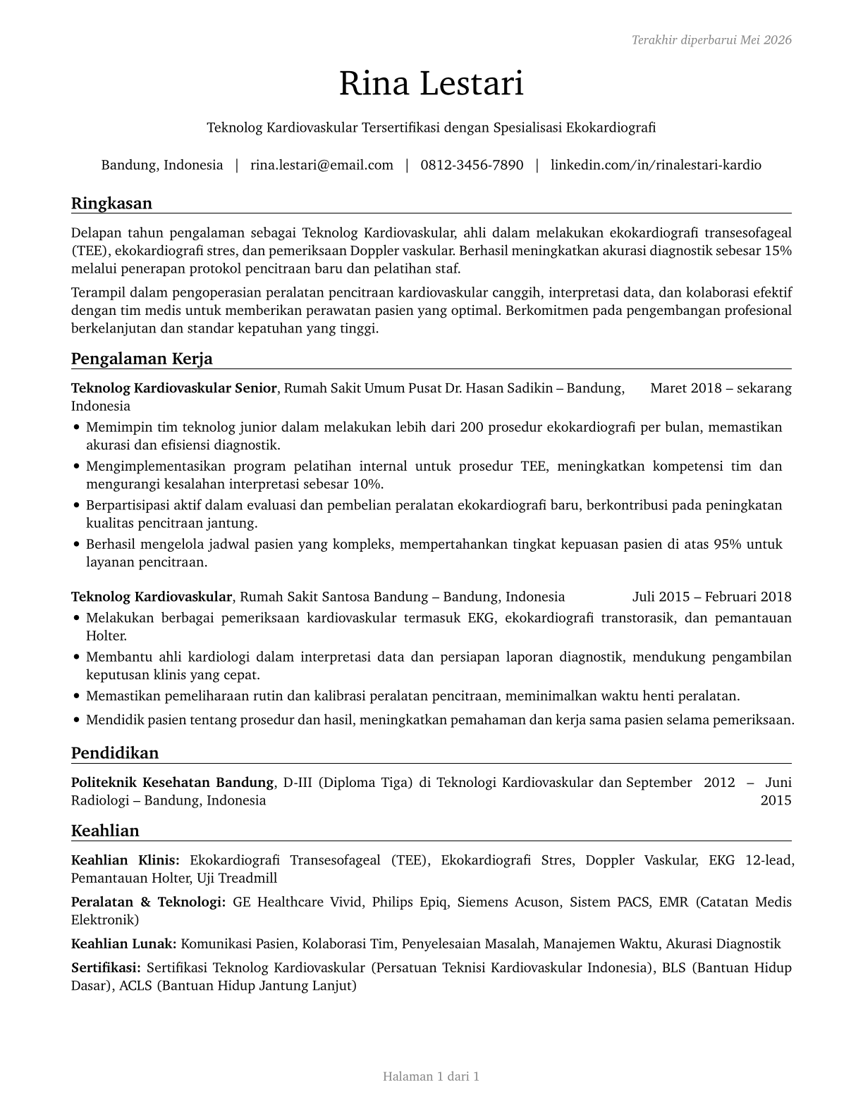 Cardiovascular Technologists and Technicians CV in Indonesian — page 1