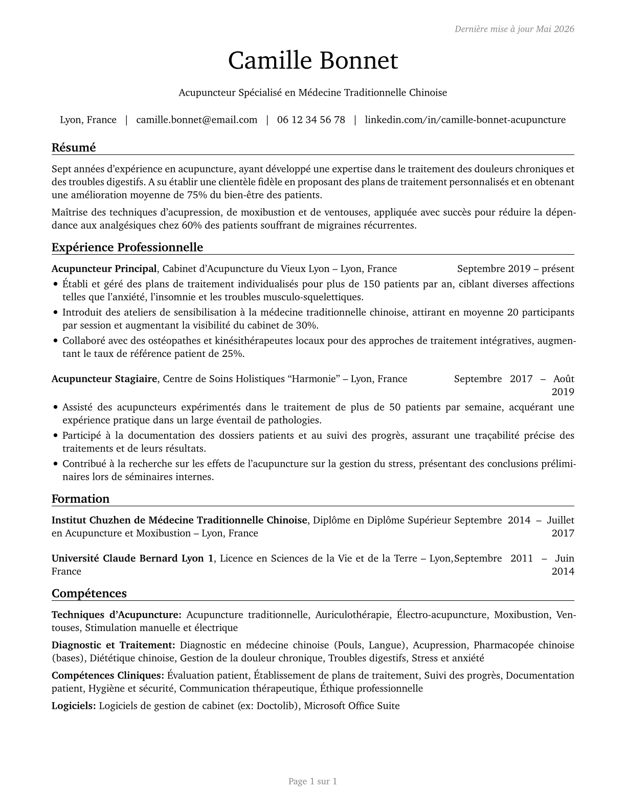 Acupuncturists CV in French — page 1
