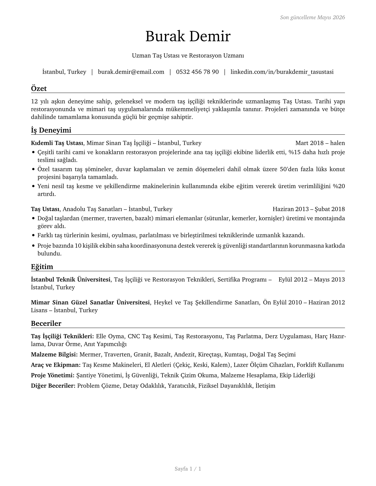 Stonemasons CV in Turkish — page 1