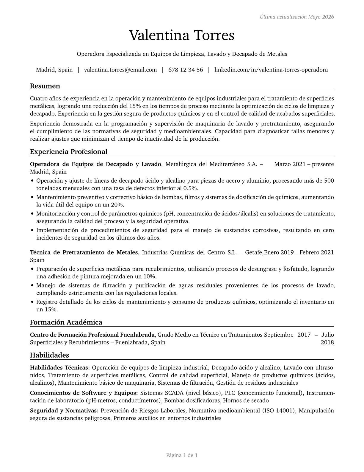 Cleaning, Washing, and Metal Pickling Equipment Operators and Tenders CV in Spanish — page 1