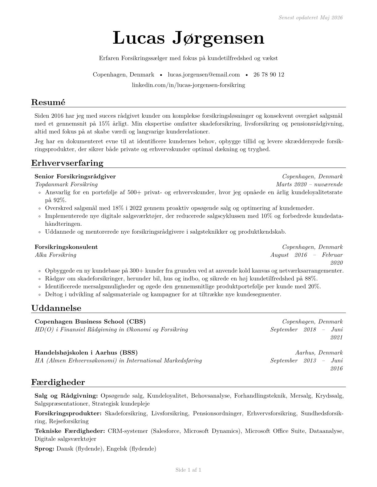 Insurance Sales Agents CV in Danish — page 1