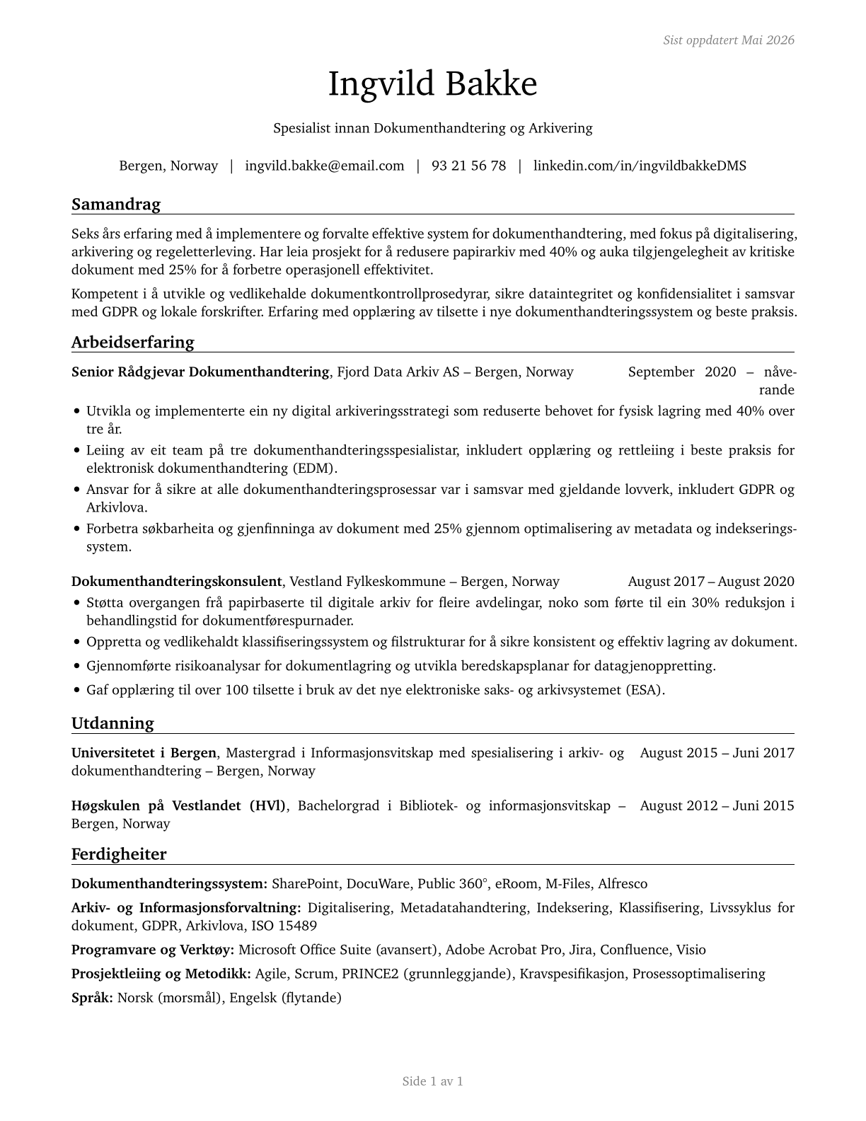 Document Management Specialists CV in Norwegian_nynorsk — page 1