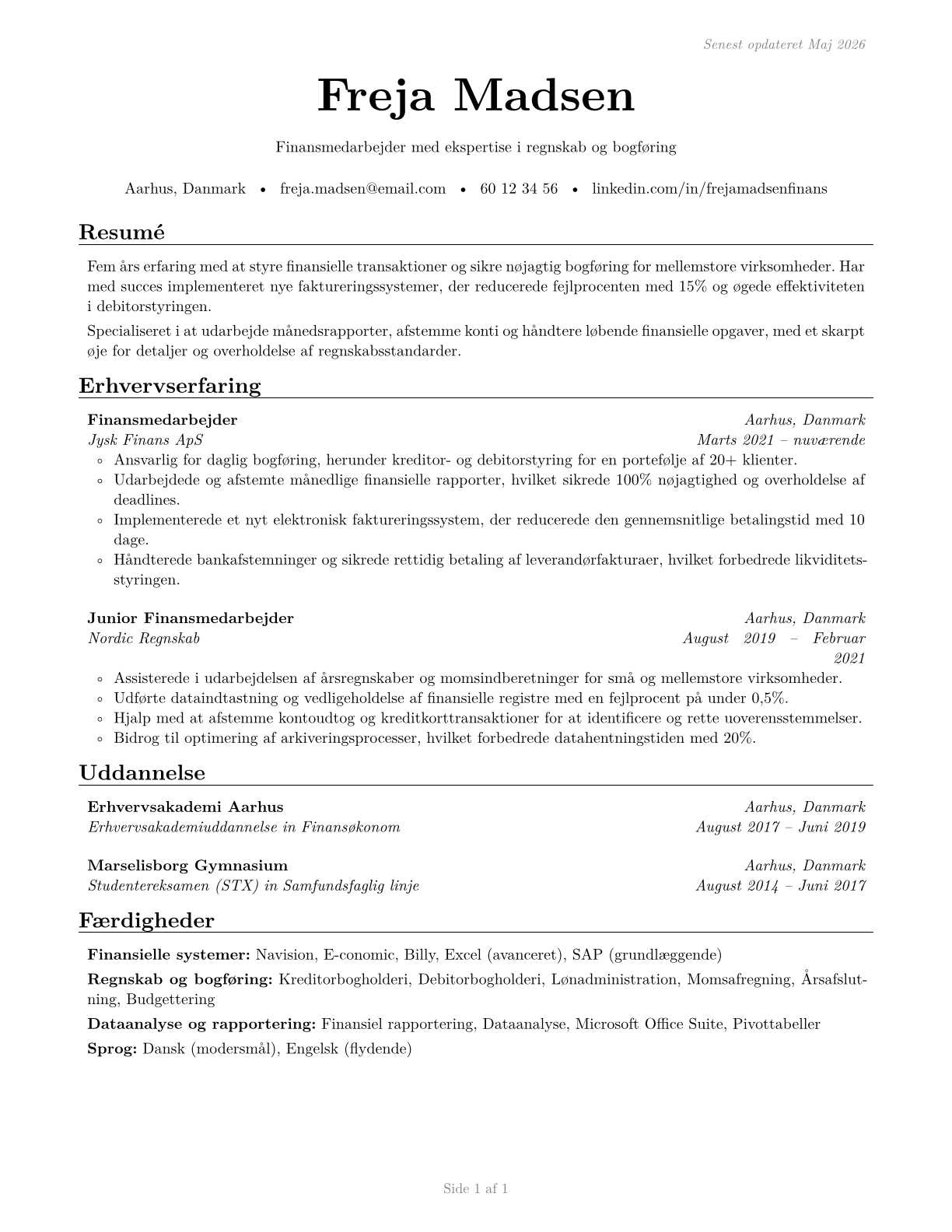 Financial Clerks, All Other CV in Danish — page 1