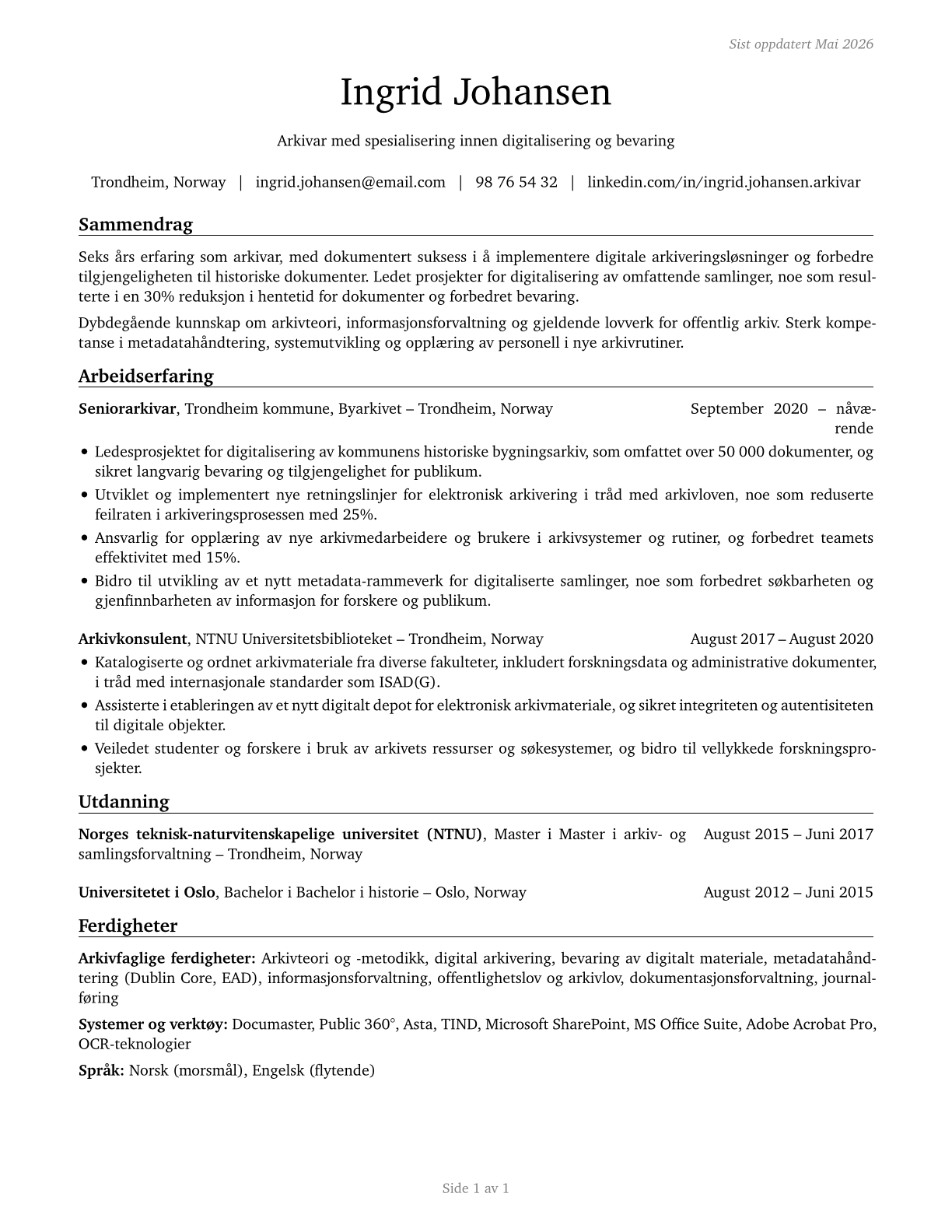 Archivists CV in Norwegian_bokmal — page 1