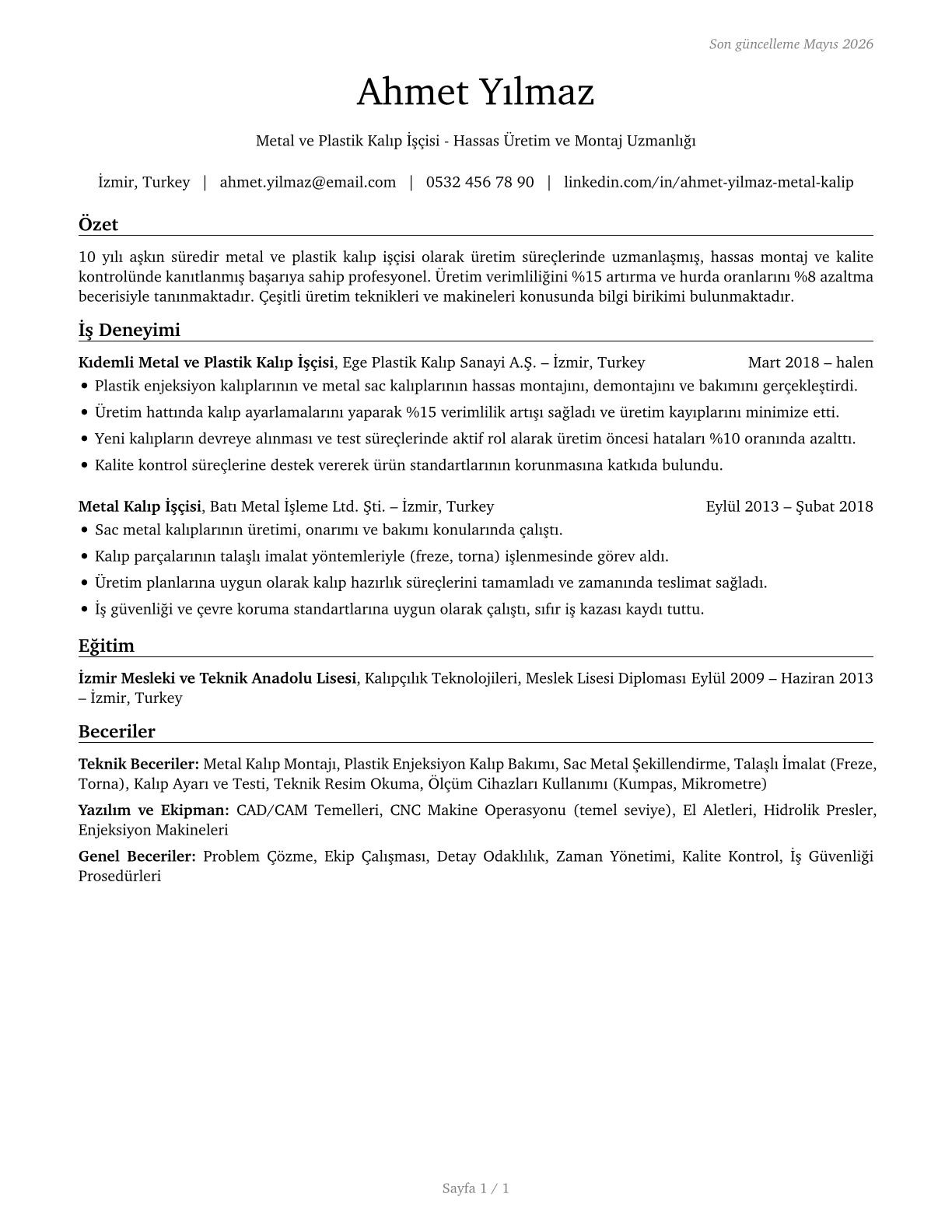 Layout Workers, Metal and Plastic CV in Turkish — page 1