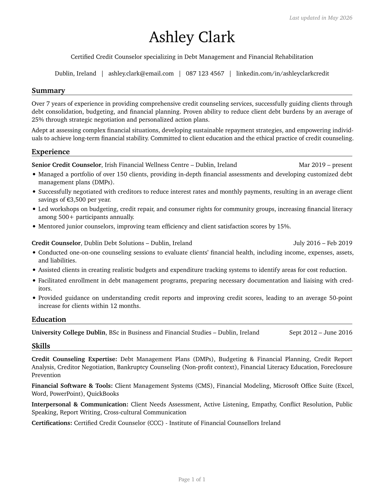 Credit Counselors CV in English — page 1