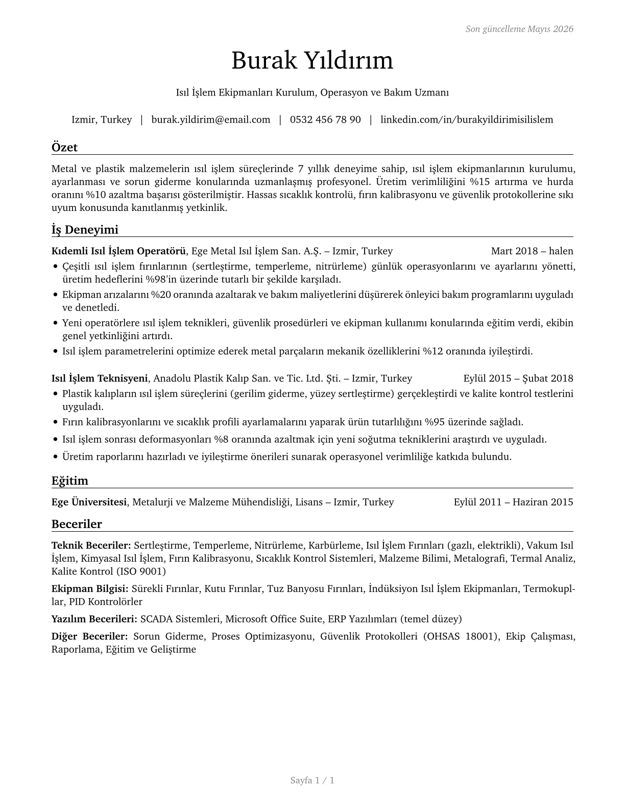 Heat Treating Equipment Setters, Operators, and Tenders, Metal and Plastic CV in Turkish — page 1