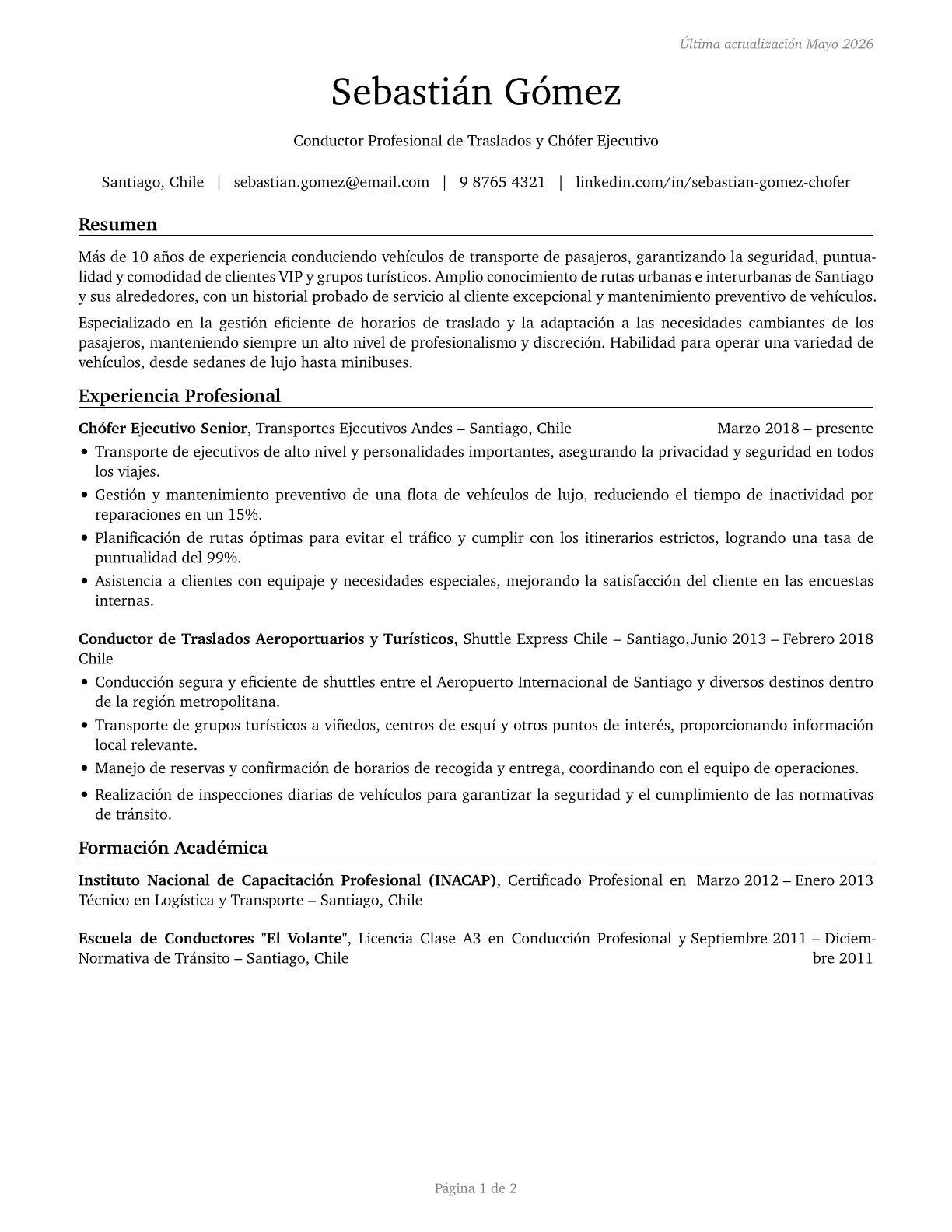 Shuttle Drivers and Chauffeurs CV in Spanish — page 1