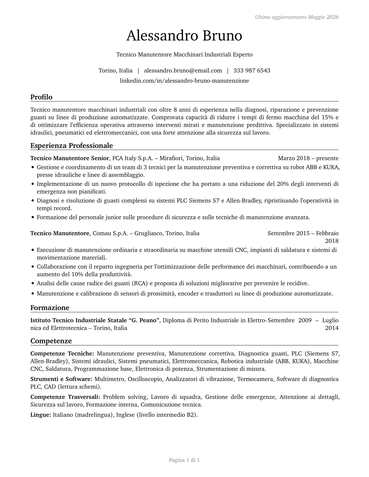 Maintenance Workers, Machinery CV in Italian — page 1