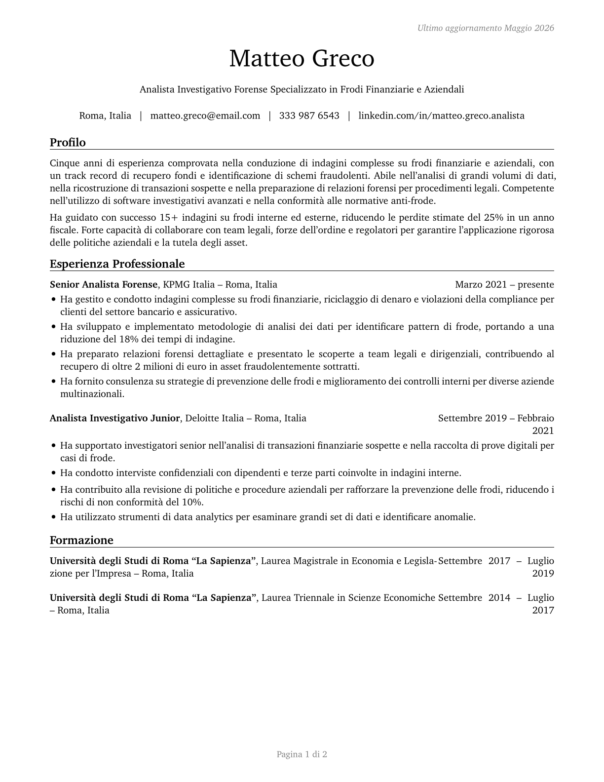 Fraud Examiners, Investigators and Analysts CV in Italian — page 1