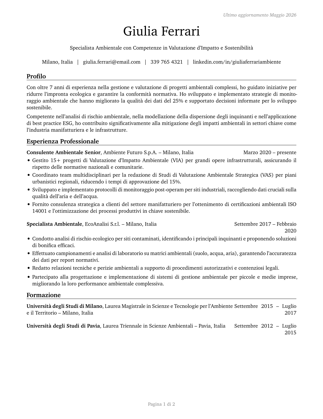 Environmental Scientists and Specialists, Including Health CV in Italian — page 1