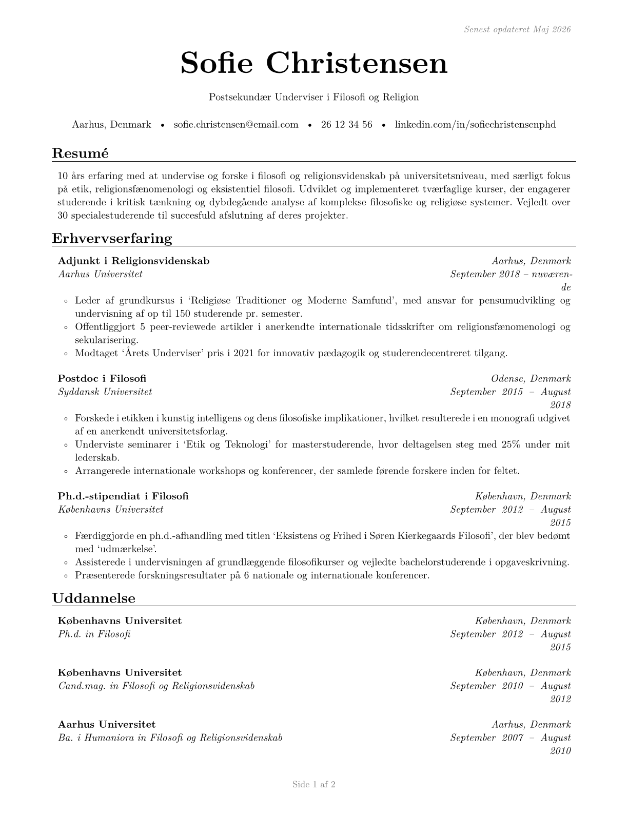 Philosophy and Religion Teachers, Postsecondary CV in Danish — page 1