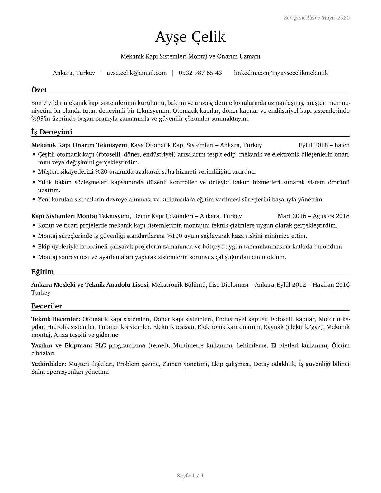Mechanical Door Repairers CV in Turkish — page 1