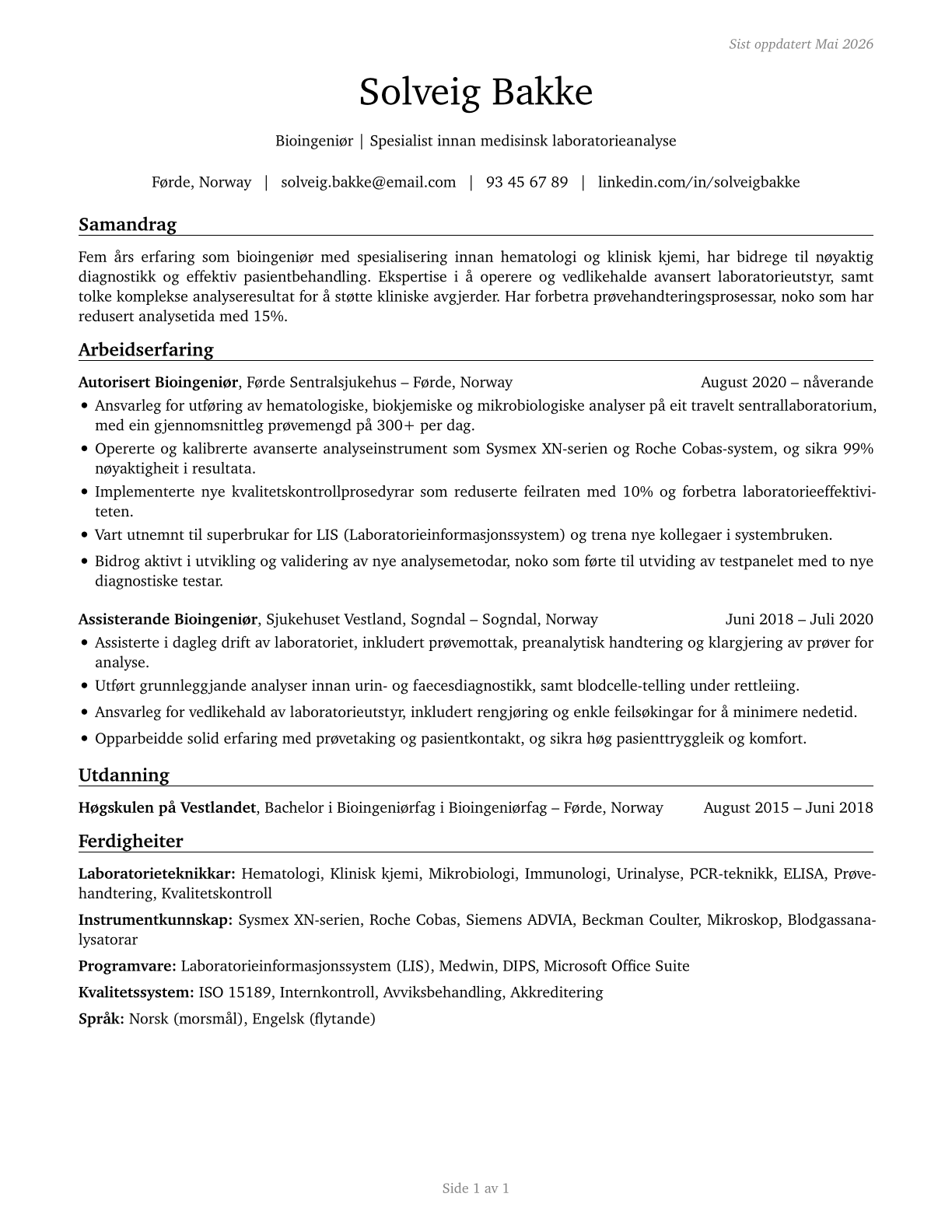 Health Technologists and Technicians, All Other CV in Norwegian_nynorsk — page 1