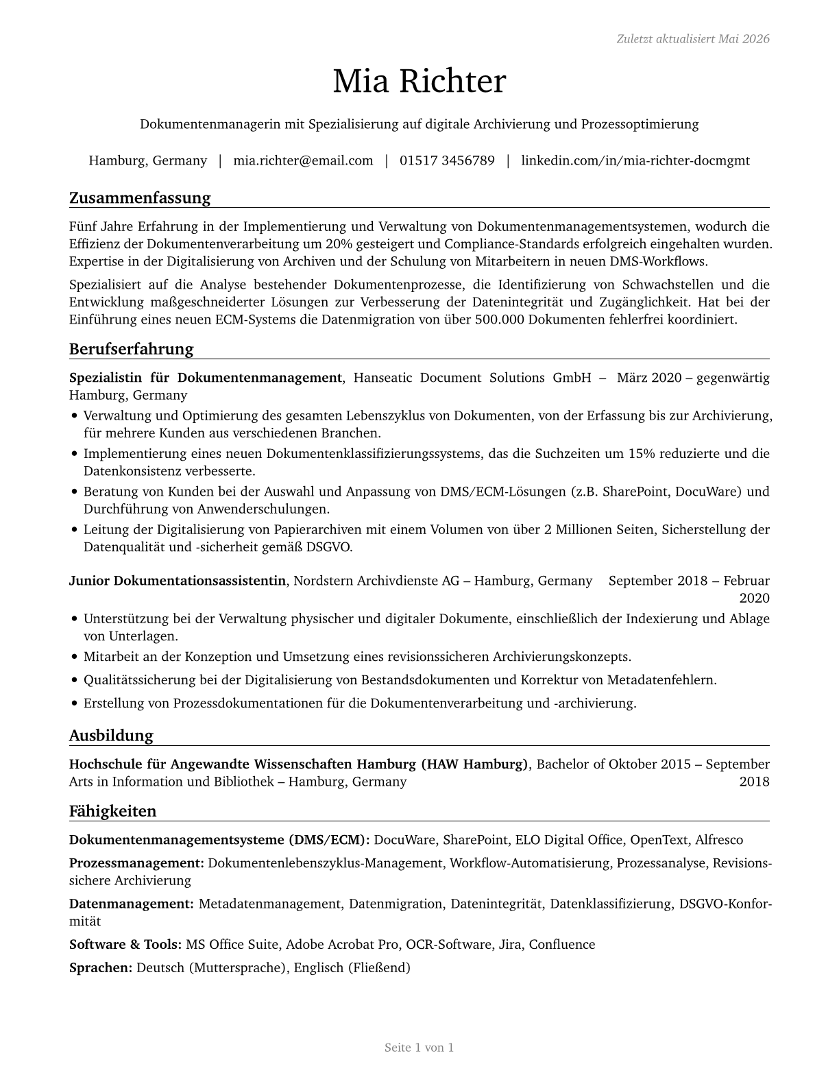 Document Management Specialists CV in German — page 1