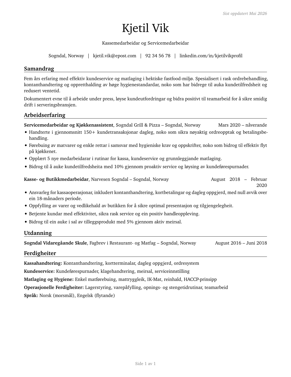 Fast Food and Counter Workers CV in Norwegian_nynorsk — page 1