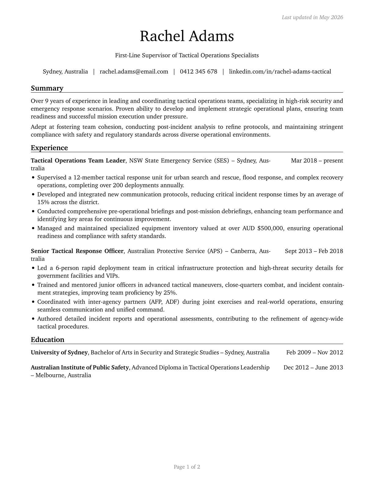 First-Line Supervisors of All Other Tactical Operations Specialists CV in English — page 1
