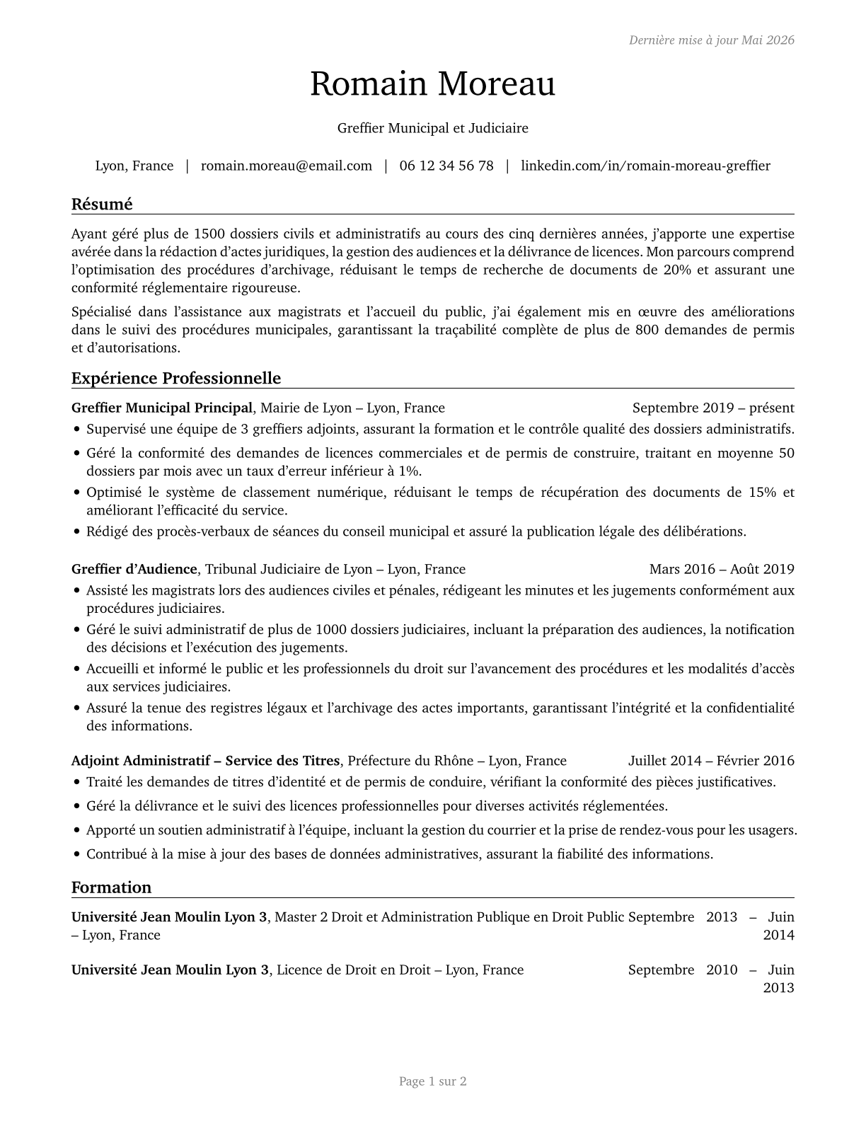 Court, Municipal, and License Clerks CV in French — page 1