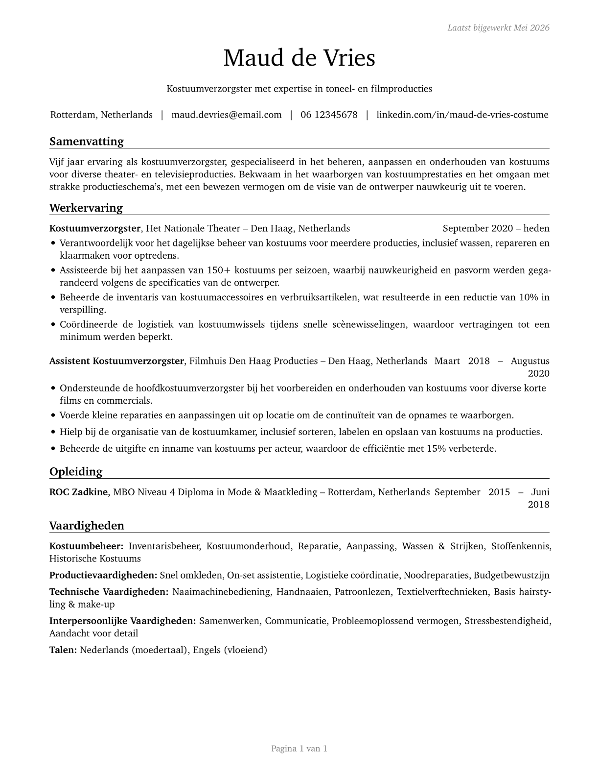 Costume Attendants CV in Dutch — page 1