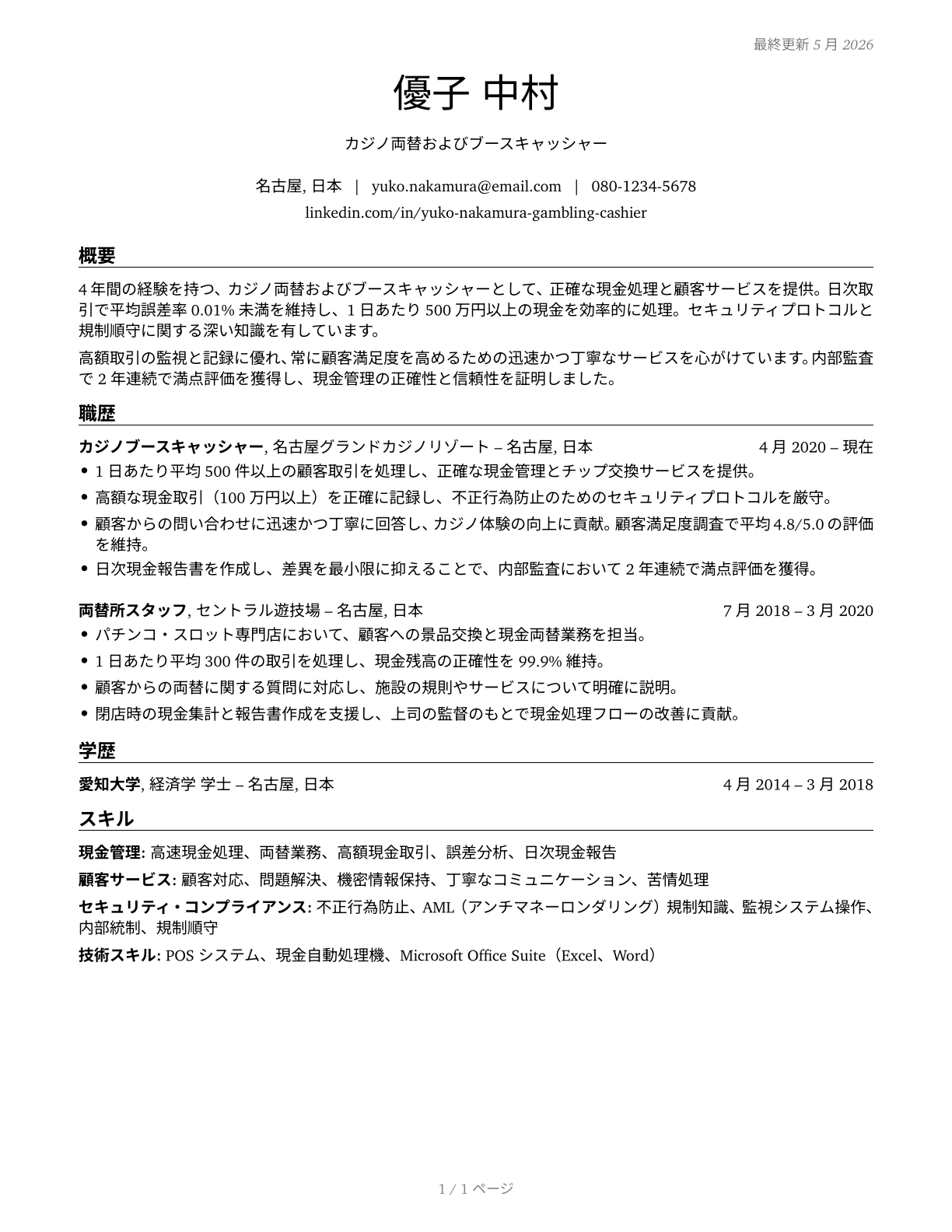 Gambling Change Persons and Booth Cashiers CV in Japanese — page 1