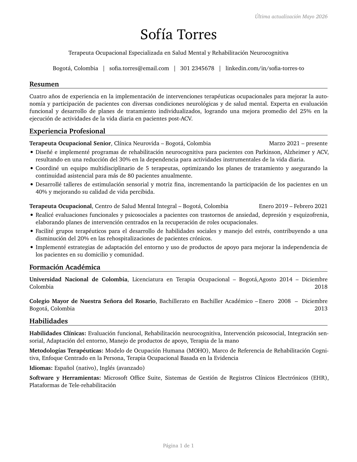 Therapists, All Other CV in Spanish — page 1