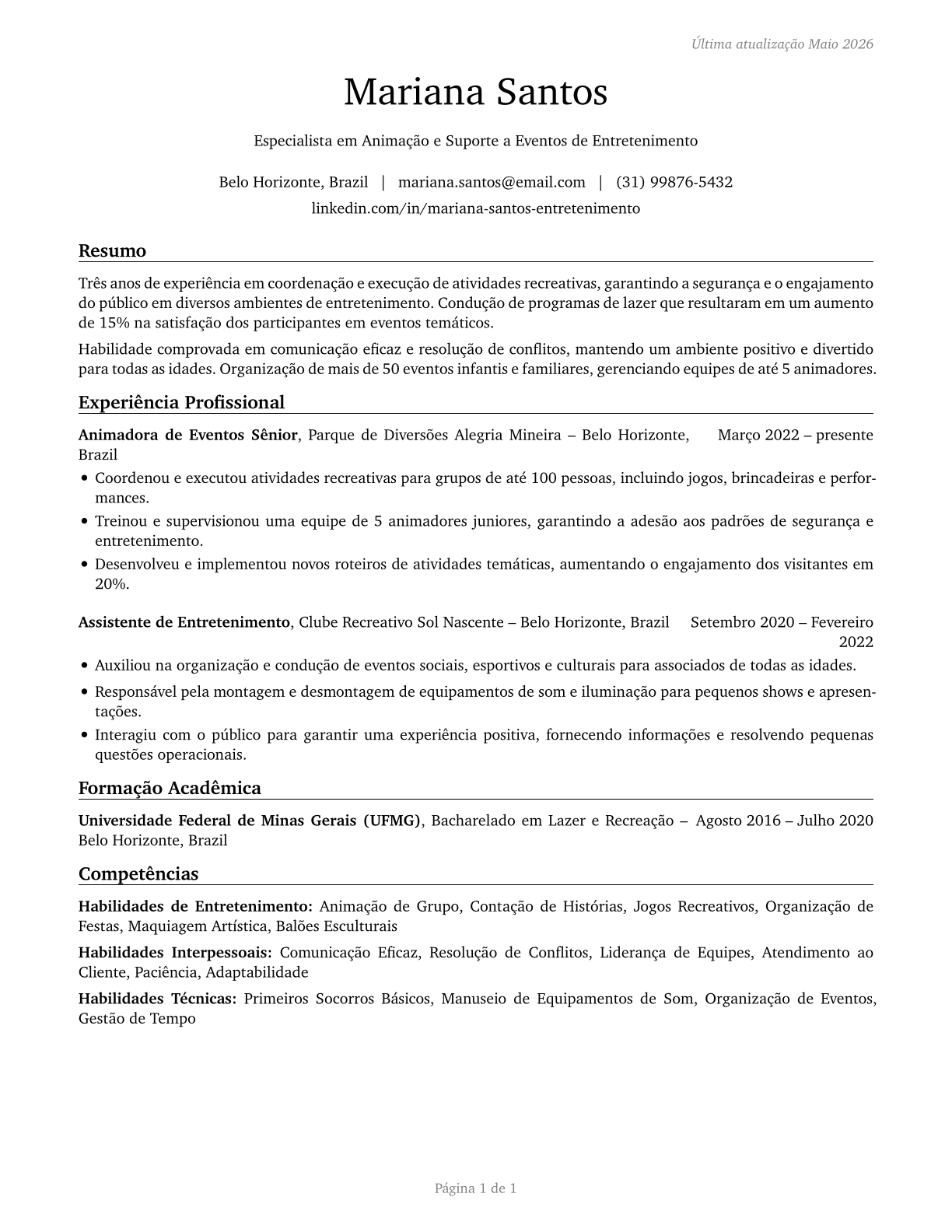 Entertainment Attendants and Related Workers, All Other CV in Portuguese — page 1
