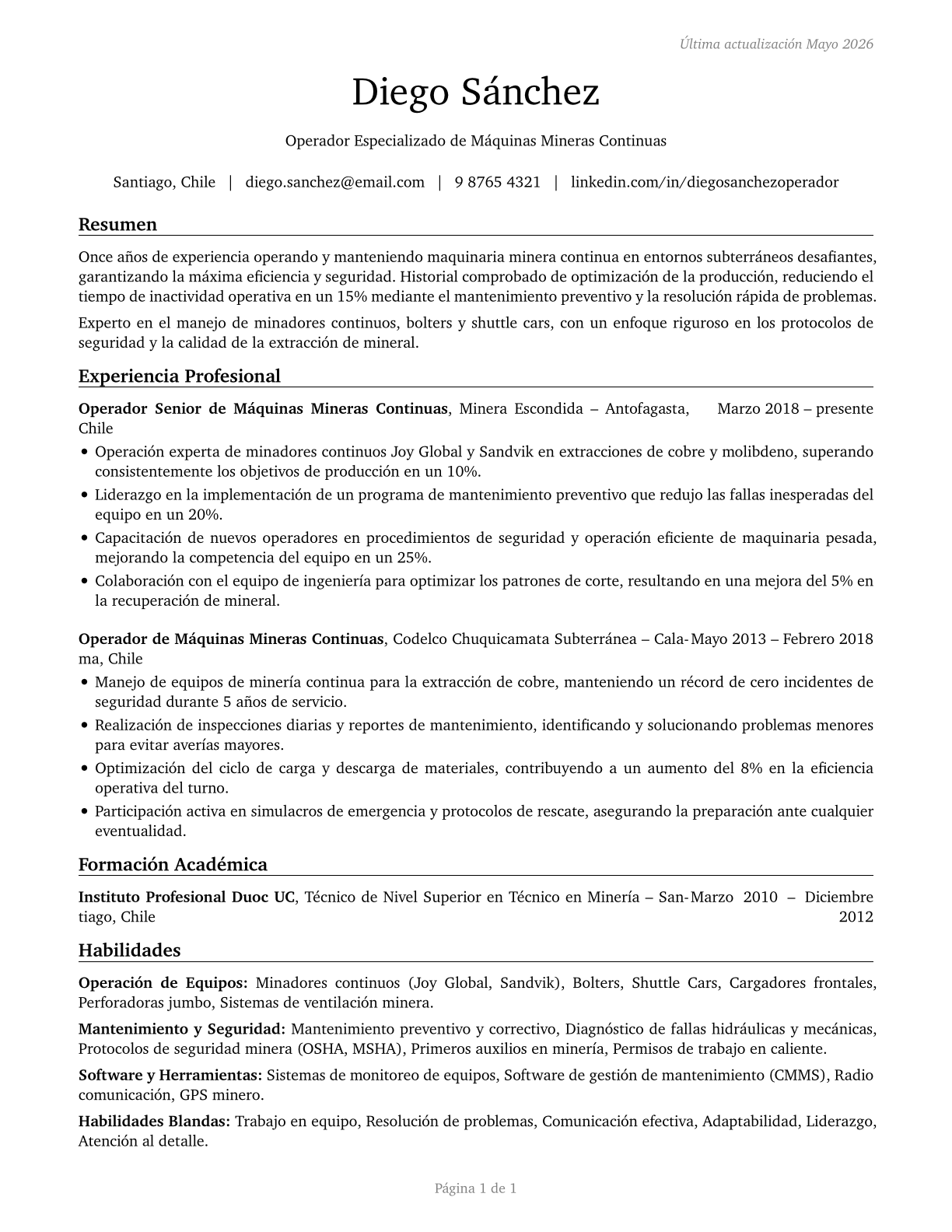 Continuous Mining Machine Operators CV in Spanish — page 1