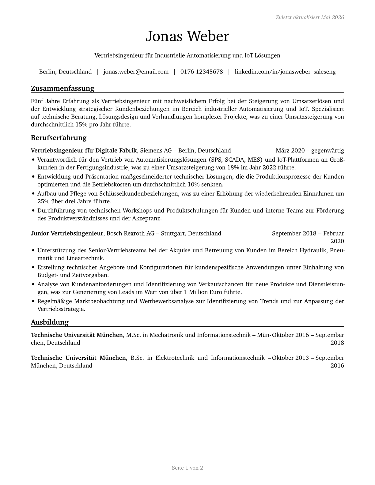 Sales Engineers CV in German — page 1