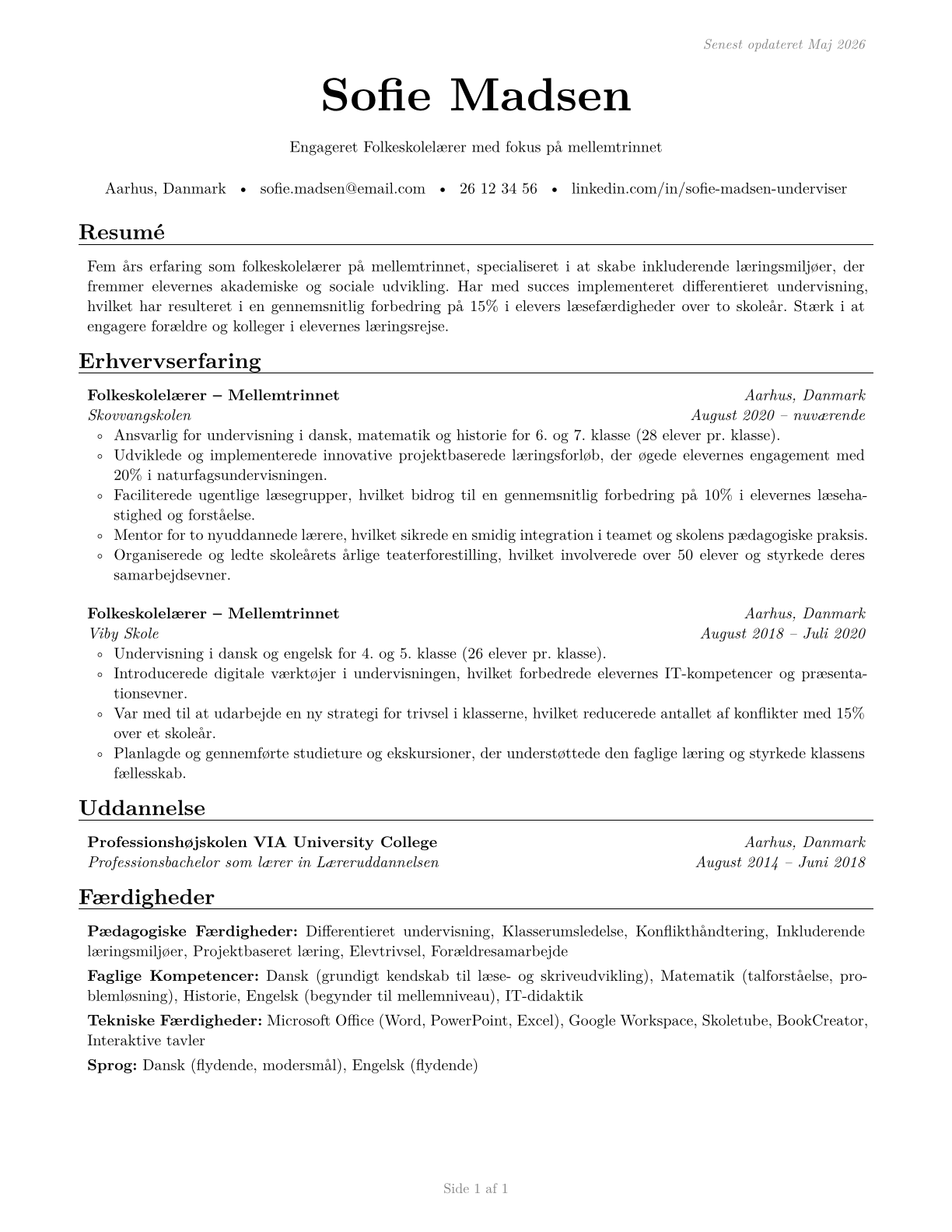 Middle School Teachers, Except Special and Career/Technical Education CV in Danish — page 1