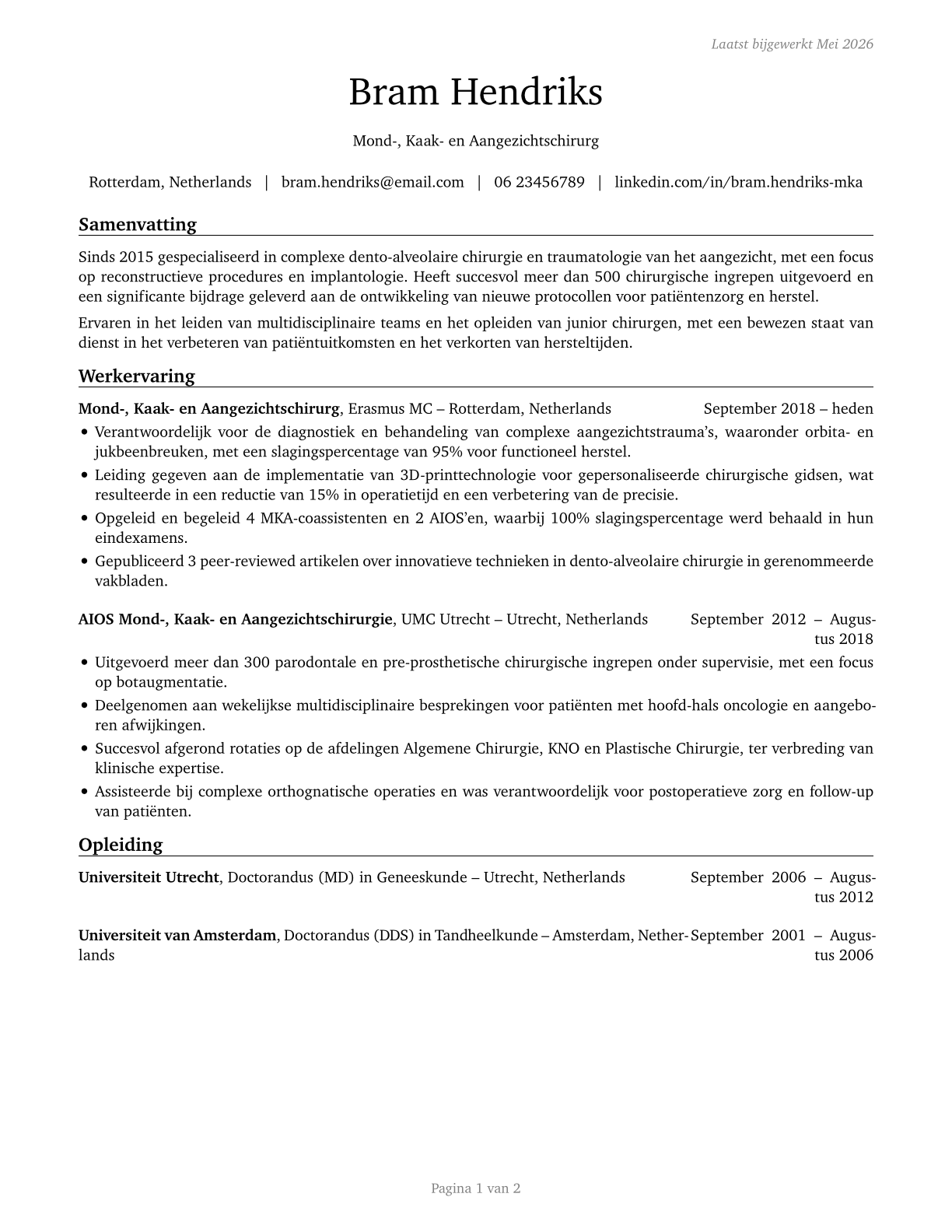 Oral and Maxillofacial Surgeons CV in Dutch — page 1