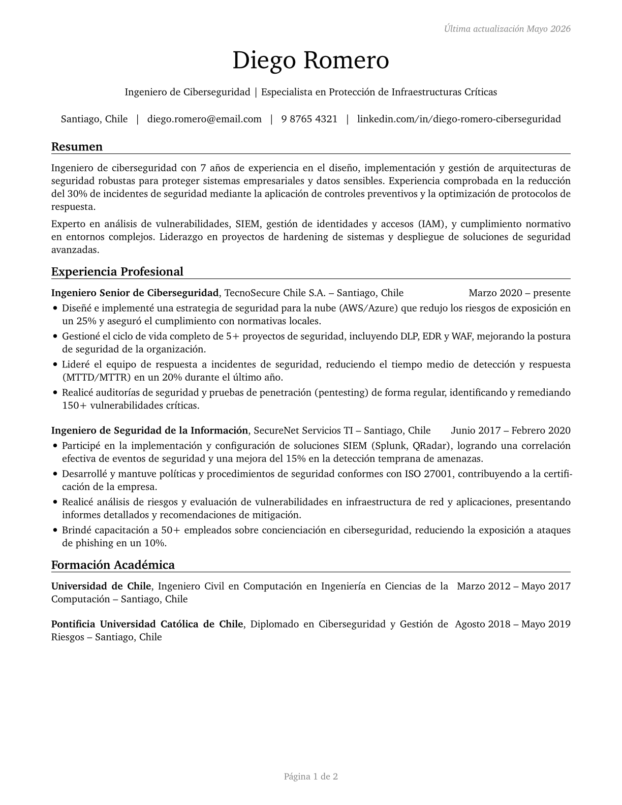 Information Security Engineers CV in Spanish — page 1