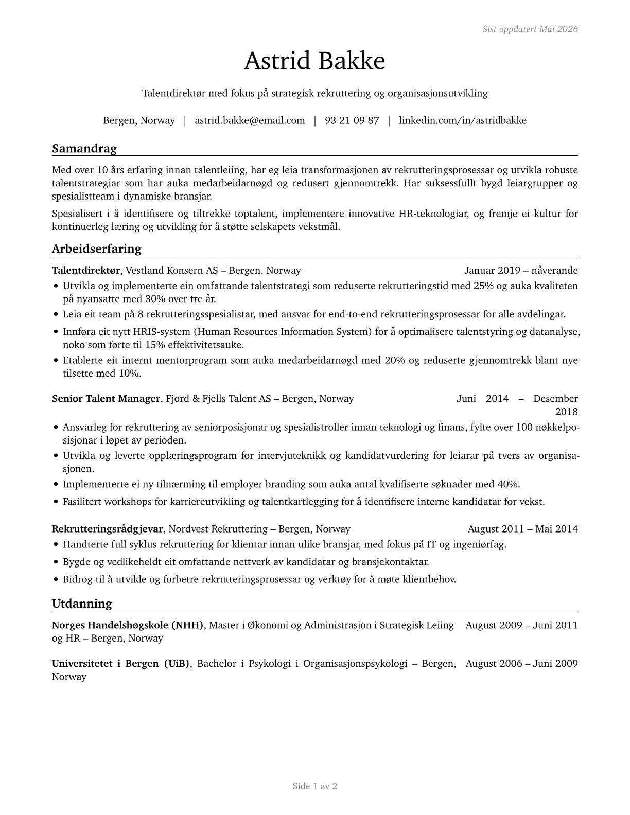 Talent Directors CV in Norwegian_nynorsk — page 1