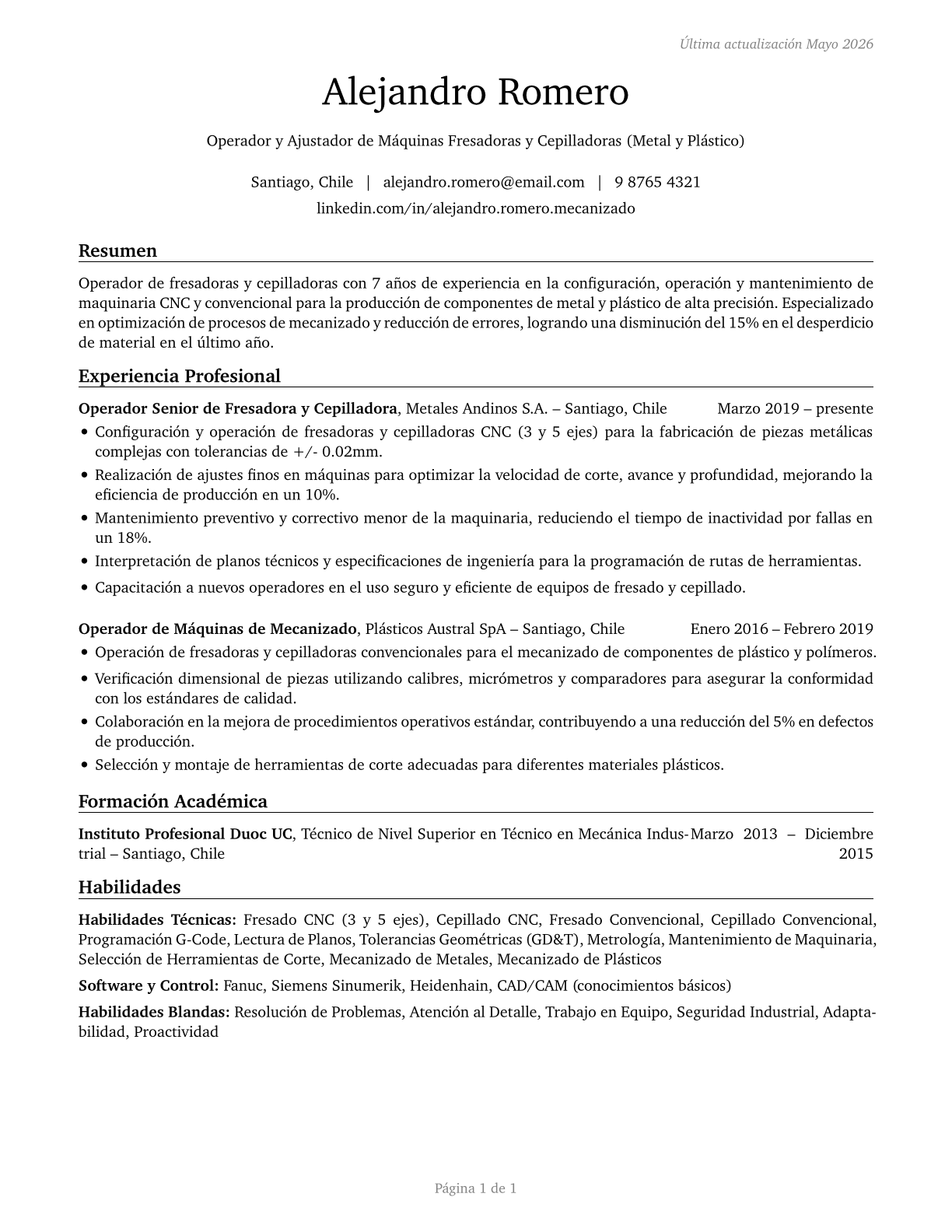 Milling and Planing Machine Setters, Operators, and Tenders, Metal and Plastic CV in Spanish — page 1