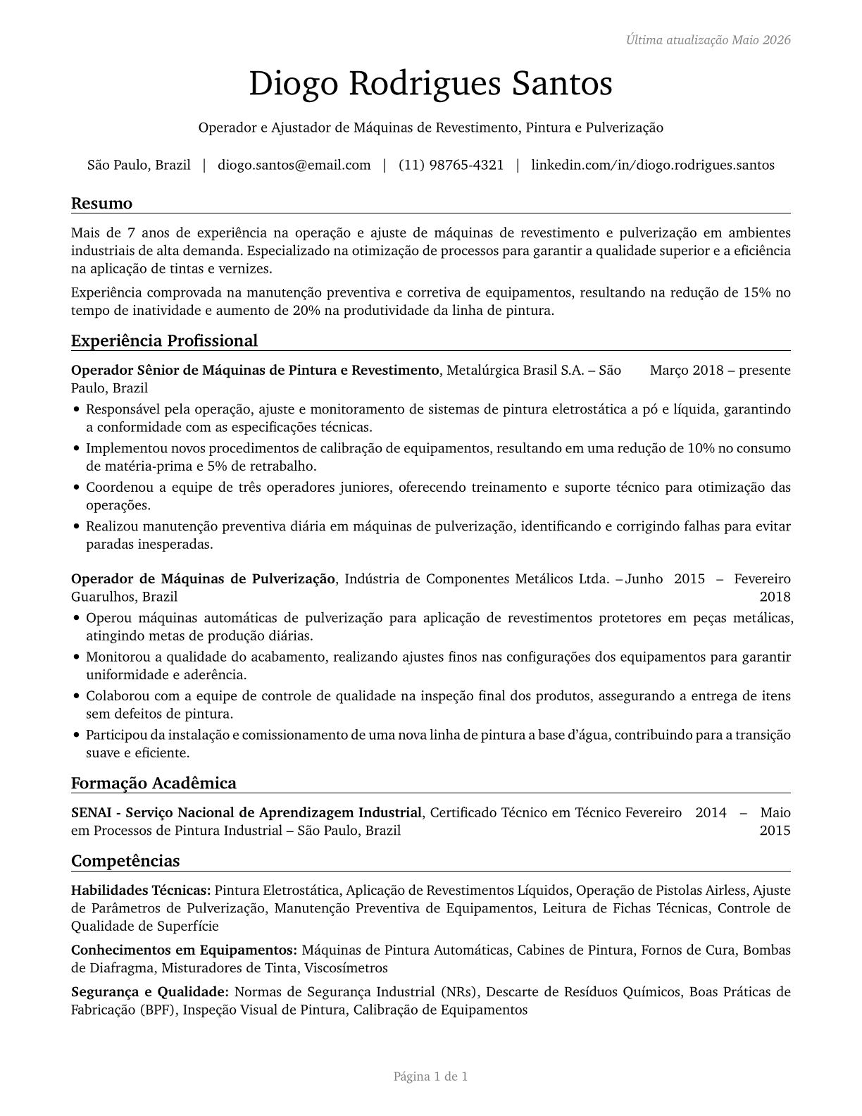 Coating, Painting, and Spraying Machine Setters, Operators, and Tenders CV in Portuguese — page 1
