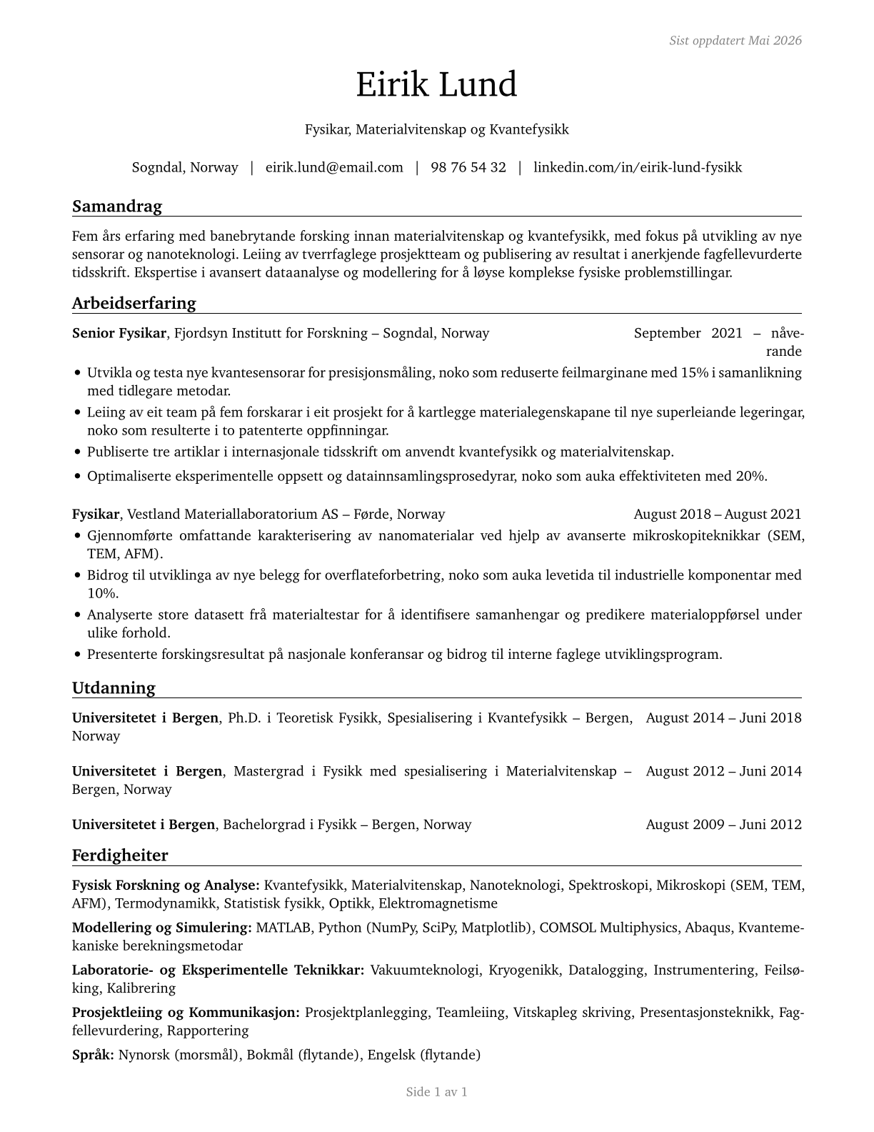 Physical Scientists, All Other CV in Norwegian_nynorsk — page 1