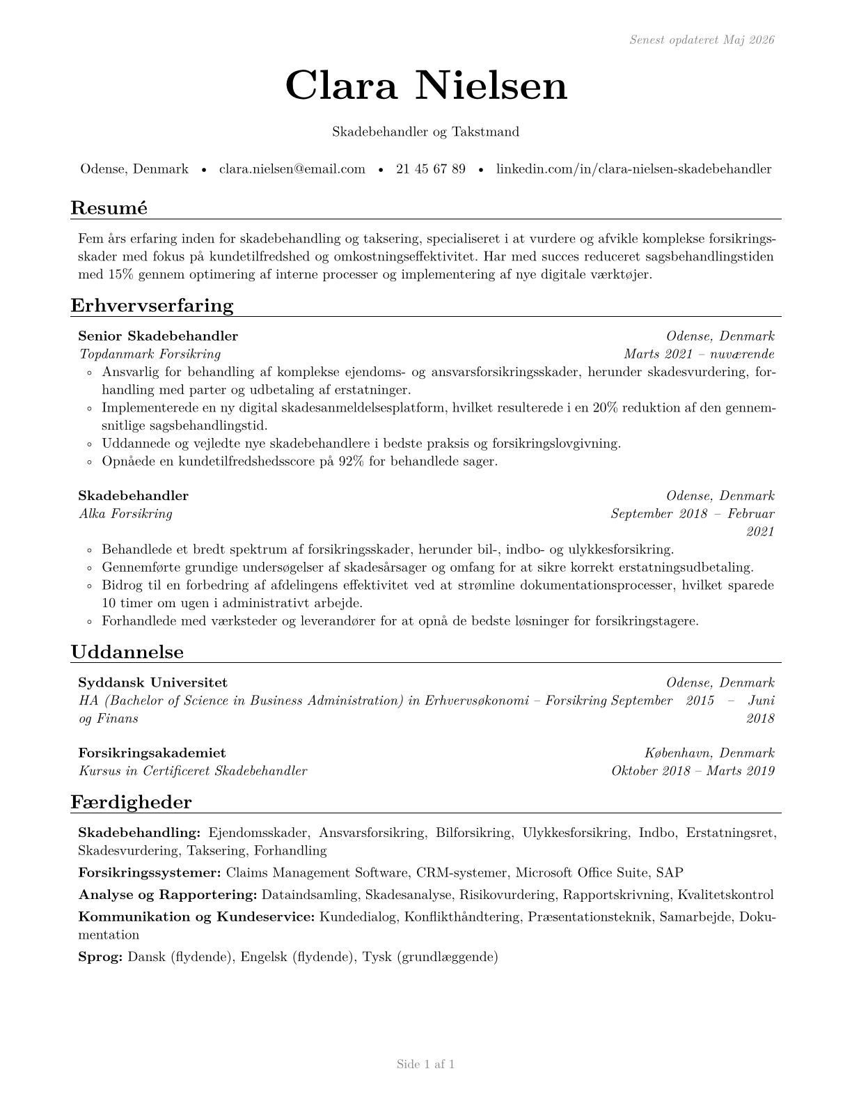 Claims Adjusters, Examiners, and Investigators CV in Danish — page 1