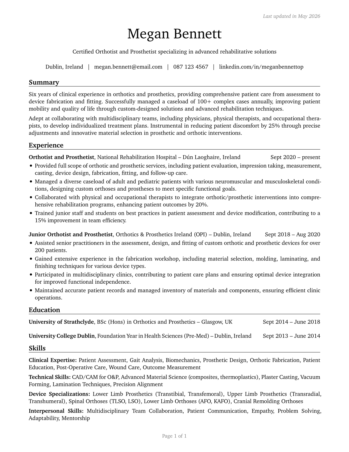 Orthotists and Prosthetists CV in English — page 1