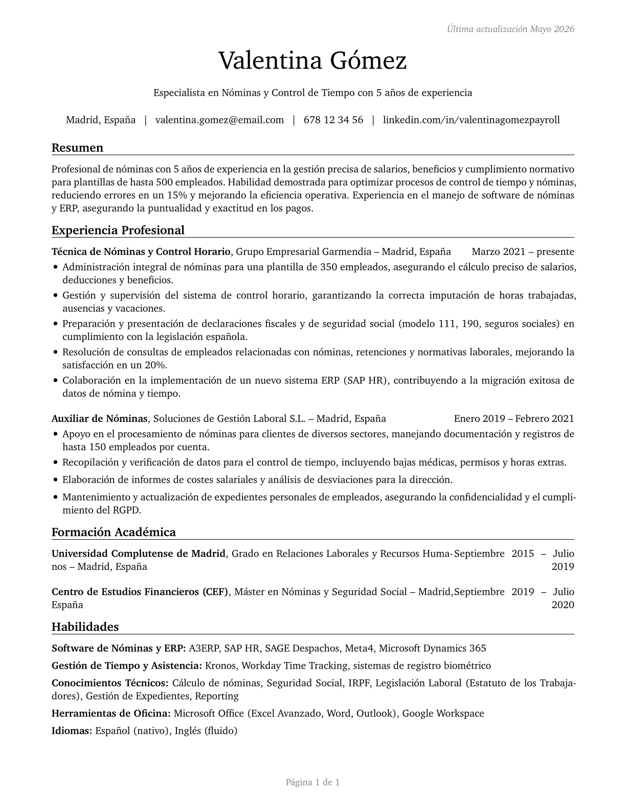 Payroll and Timekeeping Clerks CV in Spanish — page 1