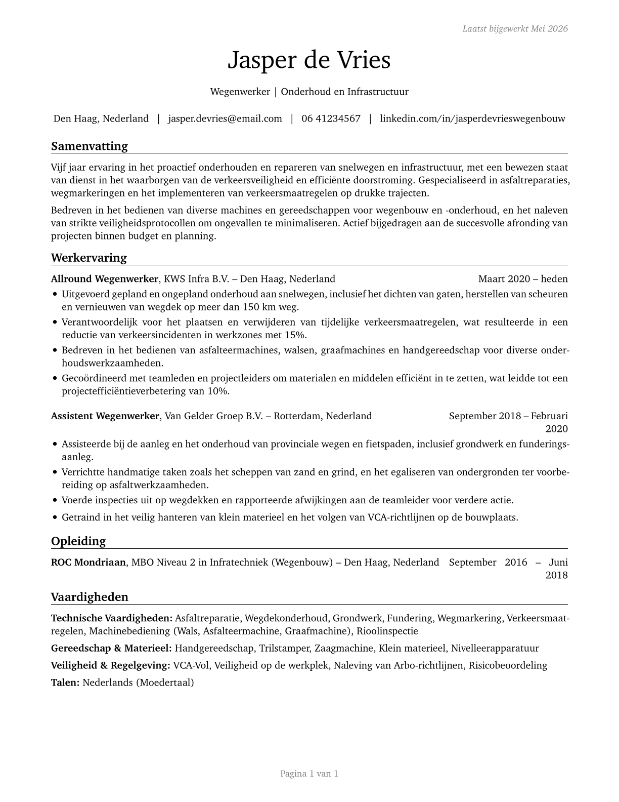 Highway Maintenance Workers CV in Dutch — page 1