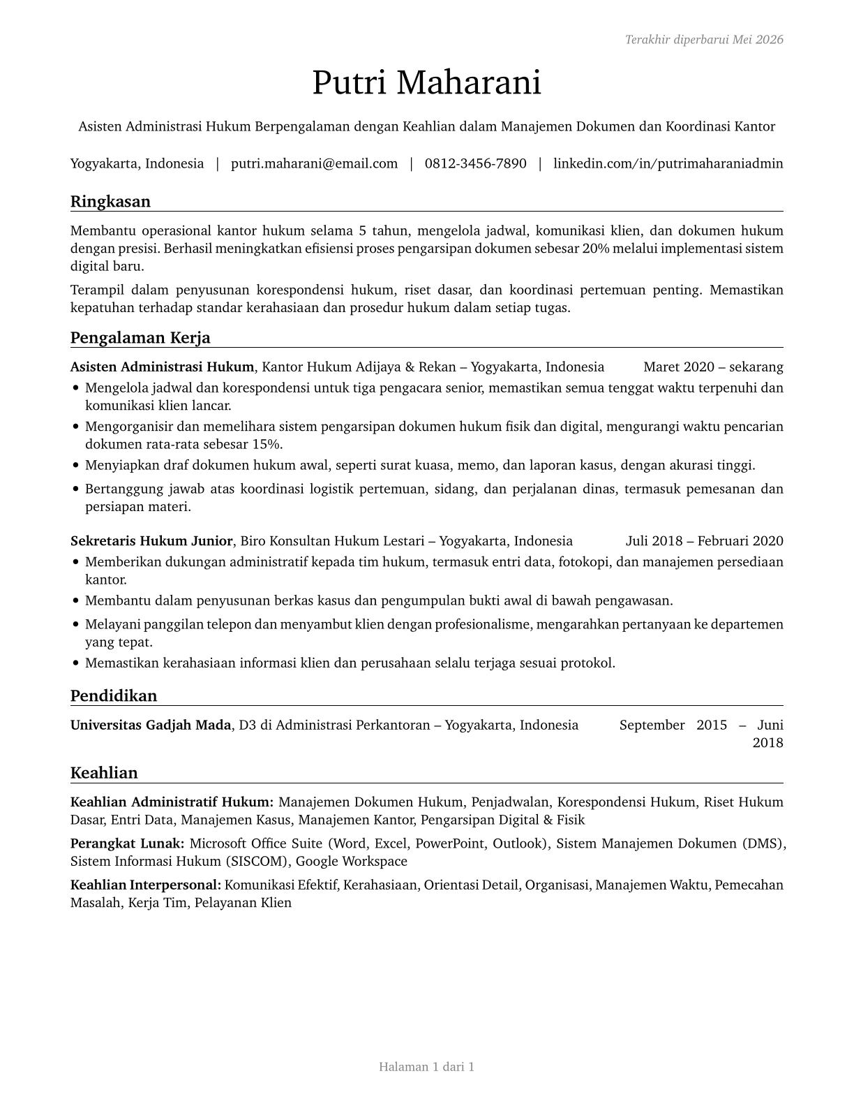 Legal Secretaries and Administrative Assistants CV in Indonesian — page 1