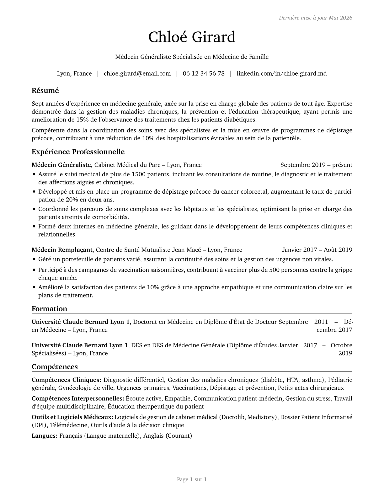 Family Medicine Physicians CV in French — page 1