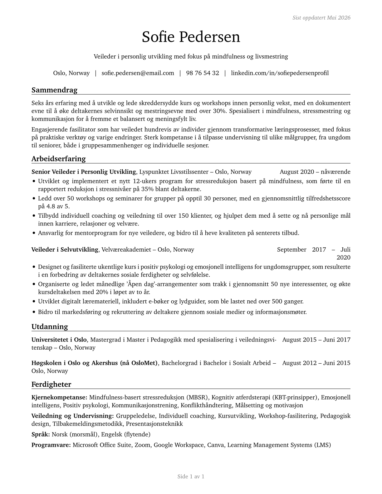 Self-Enrichment Teachers CV in Norwegian_bokmal — page 1