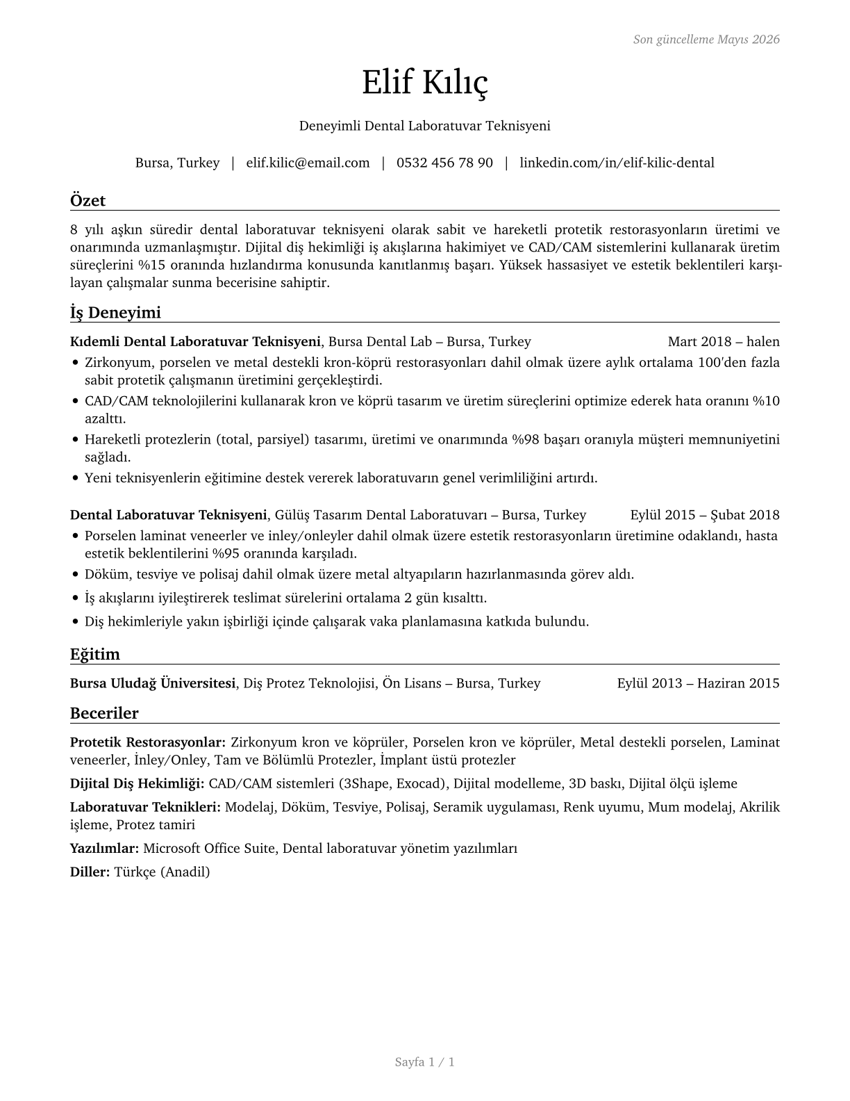 Dental Laboratory Technicians CV in Turkish — page 1