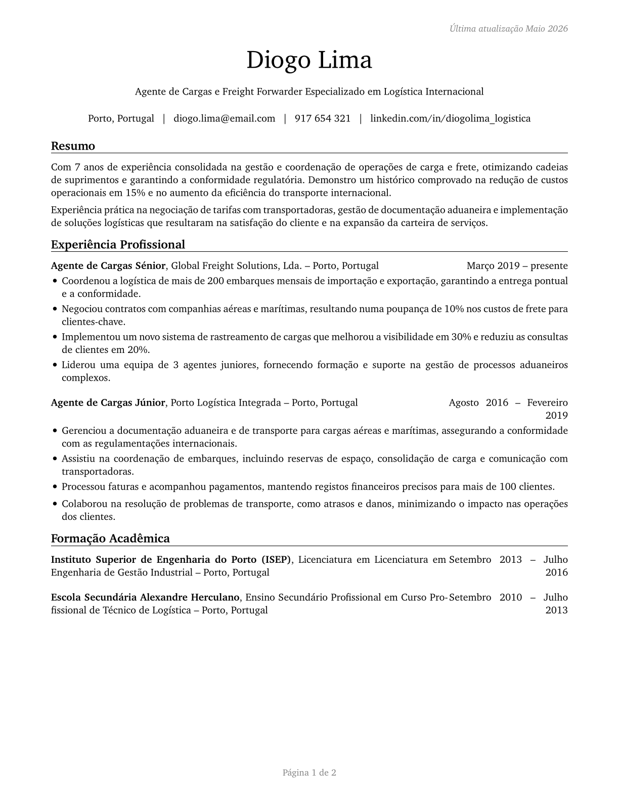 Cargo and Freight Agents CV in Portuguese — page 1