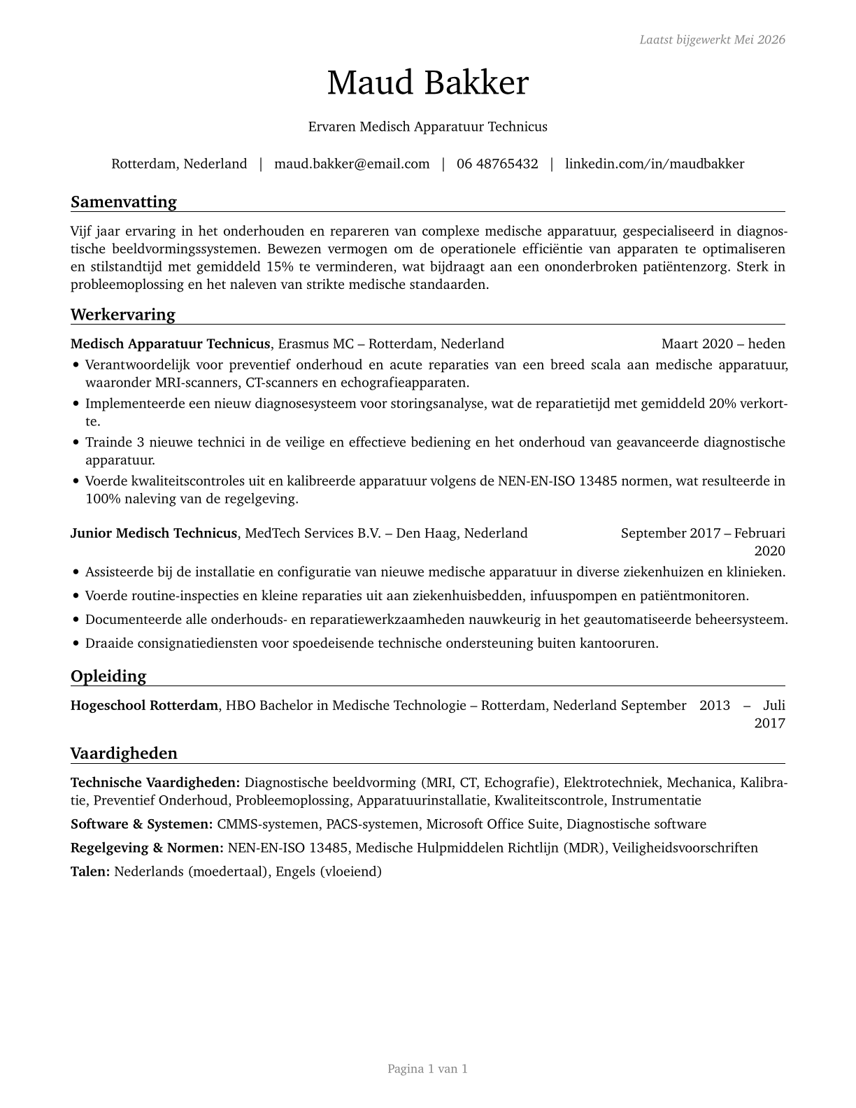 Medical Appliance Technicians CV in Dutch — page 1
