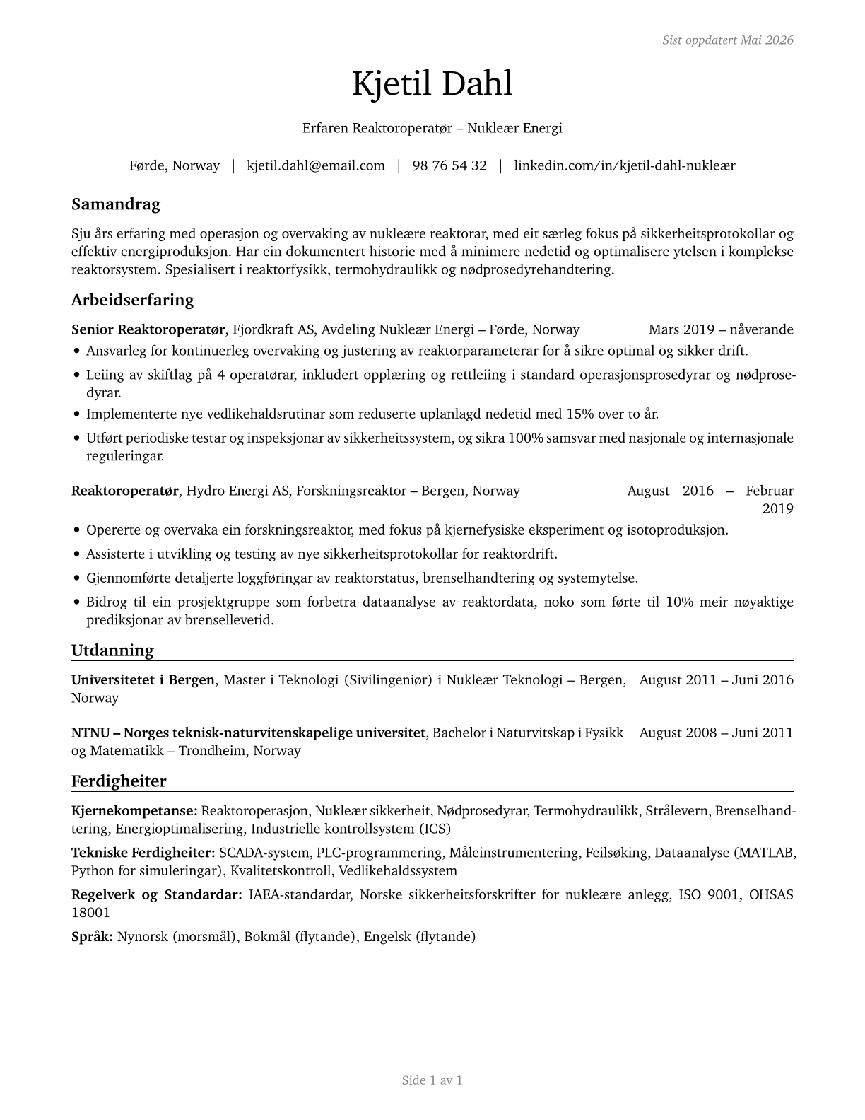 Nuclear Power Reactor Operators CV in Norwegian_nynorsk — page 1