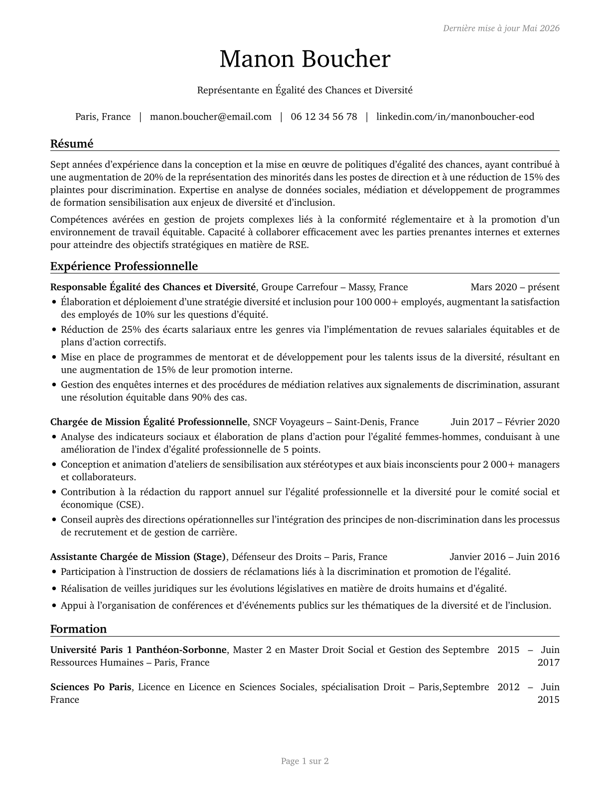 Equal Opportunity Representatives and Officers CV in French — page 1