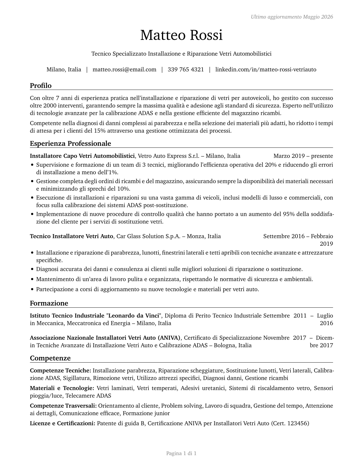 Automotive Glass Installers and Repairers CV in Italian — page 1